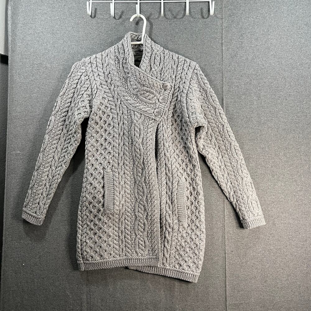 Aran Craft Merino Wool Women's Sweater Button Coller Soft Grey Size X-Small